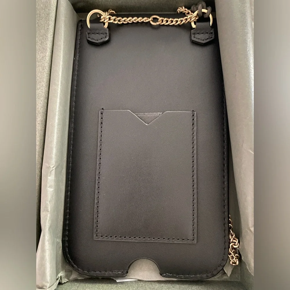 All Saints Black Leather Crossbody Phone Pouch with Gold Chain